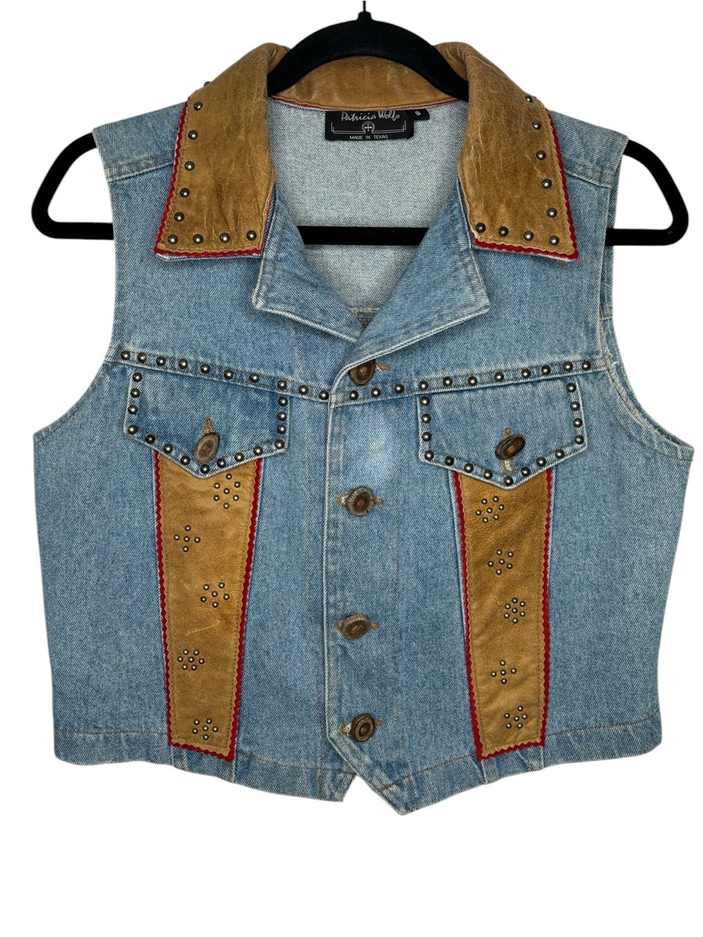 VTG Patricia Wolf Denim Leather Vest Cowgirl Western Floral Silver Studs Small